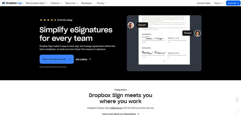 Dropbox Sign homepage